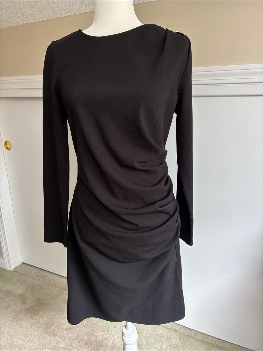 Express Black Long-Sleeve Ruched Sheath Dress with Crew Neck